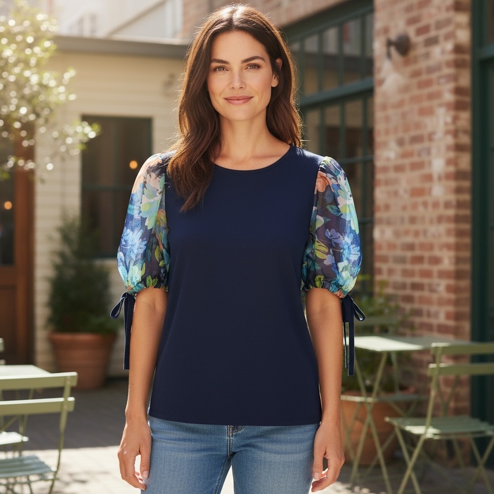 Anthropologie W5 Women’s  Navy Top with Colorful Floral‎ Sheer Sleeves S *253